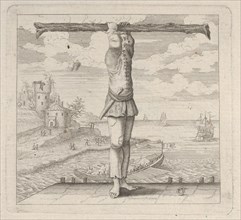 The letter T standing on a pier holding a tree trunk, 18th century., 18th century. Creator: Anon.