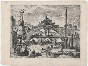 Riverscape with a Double Bridge, ca. 1570., ca. 1570. Creators: Anon, Lucas Gassel.