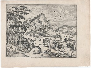 River Valley with Obelisk, ca. 1570., ca. 1570. Creators: Anon, Lucas Gassel.