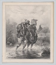 Man, Woman and Child Crossing a Stream, 1829. Creator: Hippolyte Bellangé.