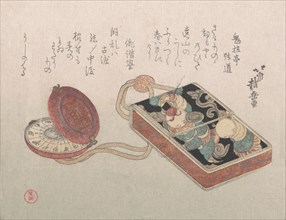 Doran (Square Leather Box Used as an Inro) with a Watch as a Netsuke From the Spr..., probably 1817. Creator: Hokusen Taigaku.
