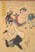 Yokohama Sumo Wrestler Defeating a Foreigner, 2nd month, 1861. Creator: Yoshifuji.
