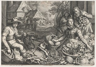 Market Scene, the Rest on the Flight into Egypt in the Background, from Kitchen and Market..., 1603. Creator: Jacob Matham.