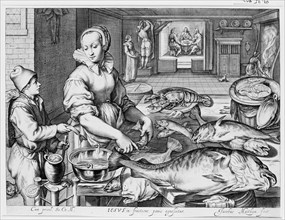 Kitchen Scene with Kitchen Maid Preparing Fish, Christ at Emmaus in the Background, fr..., ca. 1603. Creator: Jacob Matham.