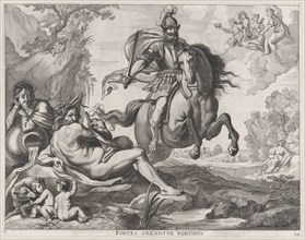 Plate 28: Mars on horseback at center, and Romulus and Remus with the wolf at lower left; ..., 1636. Creators: Jacob Neeffs, Johannes Meursius, Willem van der Beke.