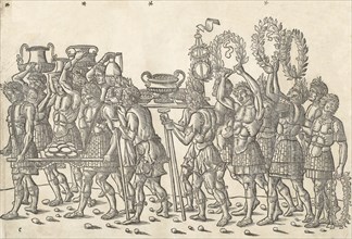 Figures bearing trophies and and carrying wreaths, from 'The Triumph of Caesar', 1504. Creator: Jacob von Strassburg.