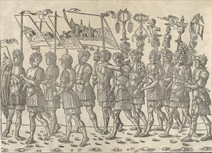 Figures carrying standards and trophies: from 'The Triumph of Caesar', 1504., Creator: Jacob von Strassburg.