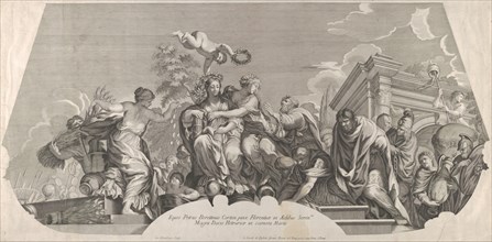 An allegorical composition with Charity and prisoners in chains; a plate from Rossi's seri..., 1677. Creator: Jacques Blondeau.