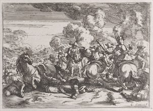 Plate 5: the wounded chief commander lies on the ground, while the battle goes on at ri..., 1635-60. Creator: Jacques Courtois.