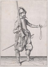 A soldier holding up his caliver in his right hand and extending his left to rec..., published 1608. Creator: Robert Willemsz de Baudous.