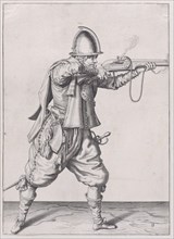 A soldier taking aim, from the Marksmen series, plate 11, in Waffenhandlung von ..., published 1608. Creator: Robert Willemsz de Baudous.