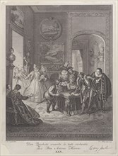Plate 30: Don Quixote consults the enchanted head at Don Antonio Moreno's house (Don Quich..., 1745. Creator: Jakob van Schley.