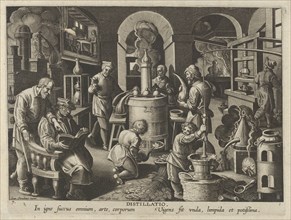 New Inventions of Modern Times [Nova Reperta], The Invention of Distillation, plate 7,..., ca. 1600. Creator: Jan Collaert I.