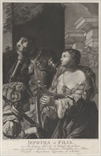 Jephtha dressed in armor looking up in despair, and his daughter holds a harp at right, 1775. Creator: Johann Elias Haid.