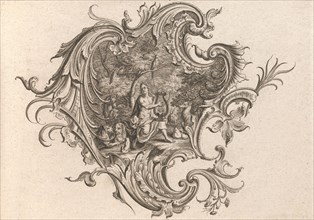 Design for a Cartouche and Representation of 'Hearing', Plate 3 from 'Neu I..., Printed ca. 1750-56. Creator: Johann Georg Pintz.