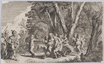 Plate 101: Silenus before King Midas, from 'Ovid's Metamorphoses', 1641. Creator: Johann Wilhelm Baur.