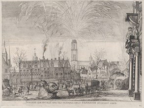 Plate 41: Fireworks display in city square with Ferdinand watching from a balcony at right..., 1636. Creators: Johannes Meursius, Willem van der Beke.