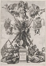Plate 33: Armorial trophy on a Tuscan column, surrounded by allegorical figures and cherub..., 1636. Creators: Johannes Meursius, Willem van der Beke.