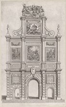 Plate 27: Triumphal arch, elevation of the back, surmounted by allegorical figures and dec..., 1636. Creators: Johannes Meursius, Willem van der Beke.