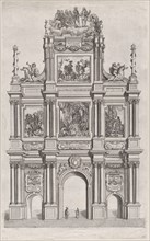 Plate 19: Triumphal arch, elevation of the front, surmounted by a cloud bearing Ferdinand ..., 1636. Creators: Johannes Meursius, Willem van der Beke.