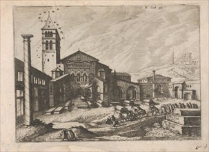 City with a Column and a Church, from the series Roman Ruins and Buildings, 1562. Creators: Johannes van Doetecum I, Lucas van Doetecum.