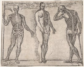 Studies of three skeleton, from the 'Principios para estudiar el Nobilísimo y Real art..., ca. 1693. Creator: José García Hidalgo.