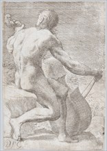 Study from behind of a naked man playing a cello, from the 'Principios para estudiar e..., ca. 1693. Creator: José García Hidalgo.