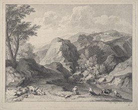 Mountainous landscape with herdsmen and cows, ca. 1725-80. Creator: Joseph Wagner.