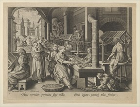 The Reeling of Silk, Plate 6 from "The Introduction of the Silkworm" [Vermis Sericus],..., ca. 1595. Creator: Karel van Mallery.