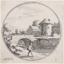Plate 5: man walking with fishing pole at center, a bridge and village in the backgro..., 1680-1747. Creator: Lodovico Mattioli.