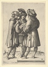 Three male singers standing together holding a sheet of music, ca. 1599-1641. Creator: Luca Ciamberlano.