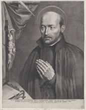 Saint Ignatius of Loyola, praying towards the left with a crucifix, a rosary, a book, and ..., 1621. Creator: Lucas Vorsterman.
