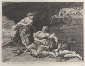 The drunkenness of Lot, who is asleep on his daughter's lap at center, while his other..., ca. 1628. Creator: Lucas Vorsterman.