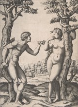 Adam and Eve flanked by two trees, a town in the background, ca. 1512-14. Creator: Marcantonio Raimondi.