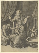 The Virgin holding the Christ Child, St Anne standing above with arms outstretched, St..., ca. 1520. Creator: Marcantonio Raimondi.