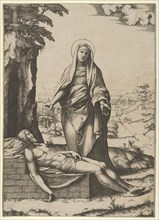 The Pietà: the Virgin standing over the dead Christ, her hands outspread, ca. 1515-17. Creator: Marcantonio Raimondi.