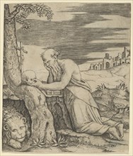 St Jerome kneeling before a crucifix, a skull in his left hand, a lion laying at ..., ca. 1500-1527. Creator: Marcantonio Raimondi.