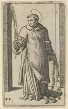 St Leonard standing holding a palm in his right hand and chains in his left, from..., ca. 1500-1527. Creator: Marcantonio Raimondi.