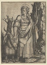 St Margaret holding a palm in her raised left hand, a dragon at her right, ca. 15..., Creator: Marcantonio Raimondi.