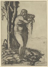 Venus wringing the water from her hair, standing at the water's edge, 1506., Creator: Marcantonio Raimondi.