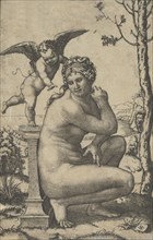 Venus crouching by a plinth on top of which stands Cupid, ca. 1510-27. Creator: Marcantonio Raimondi.