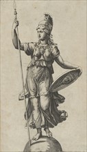 Pallas Athena standing on a globe, a spear in her left hand, a shield in her right,..., ca. 1520-27. Creator: Marcantonio Raimondi.