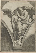 Jupiter embracing Cupid after Raphael's fresco in the Chigi Gallery of the Villa Fa..., ca. 1517-20. Creator: Marcantonio Raimondi.