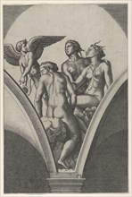 The Three Graces sitting on clouds, cupid at the left, after Raphael's fresco in th..., ca. 1517-20. Creator: Marcantonio Raimondi.