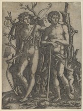 Apollo standing at the left, his hand resting on the shoulder of Hyacinthus, Cupid in the ..., 1506. Creator: Marcantonio Raimondi.