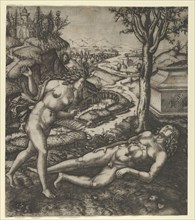 Thisbe finding Pyramus laying on the ground with a knife in his chest , 1505.. Creator: Marcantonio Raimondi.