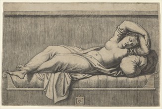 Cleopatra lying partly naked on a bed, ca. 1515-27. Creator: Marcantonio Raimondi.
