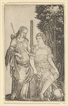 Venus standing at left resting her hand on the shoulder of Aeneas seated at right..., ca. 1500-1527. Creator: Marcantonio Raimondi.