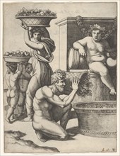 The Vintage; a man pouring grapes from a basket into a vat, above Bacchus sitting, ..., ca. 1517-20. Creator: Marcantonio Raimondi.