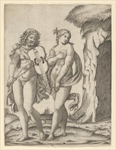 Orpheus standing at left playing the violin, Eurydice at right covering herself , ca. ..., ca. 1509. Creator: Marcantonio Raimondi.